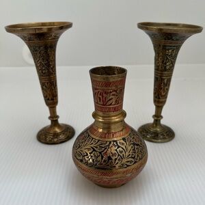 VINTAGE Lot of 3 Brass Etched Decorative Vase Candlestick Holders Made India